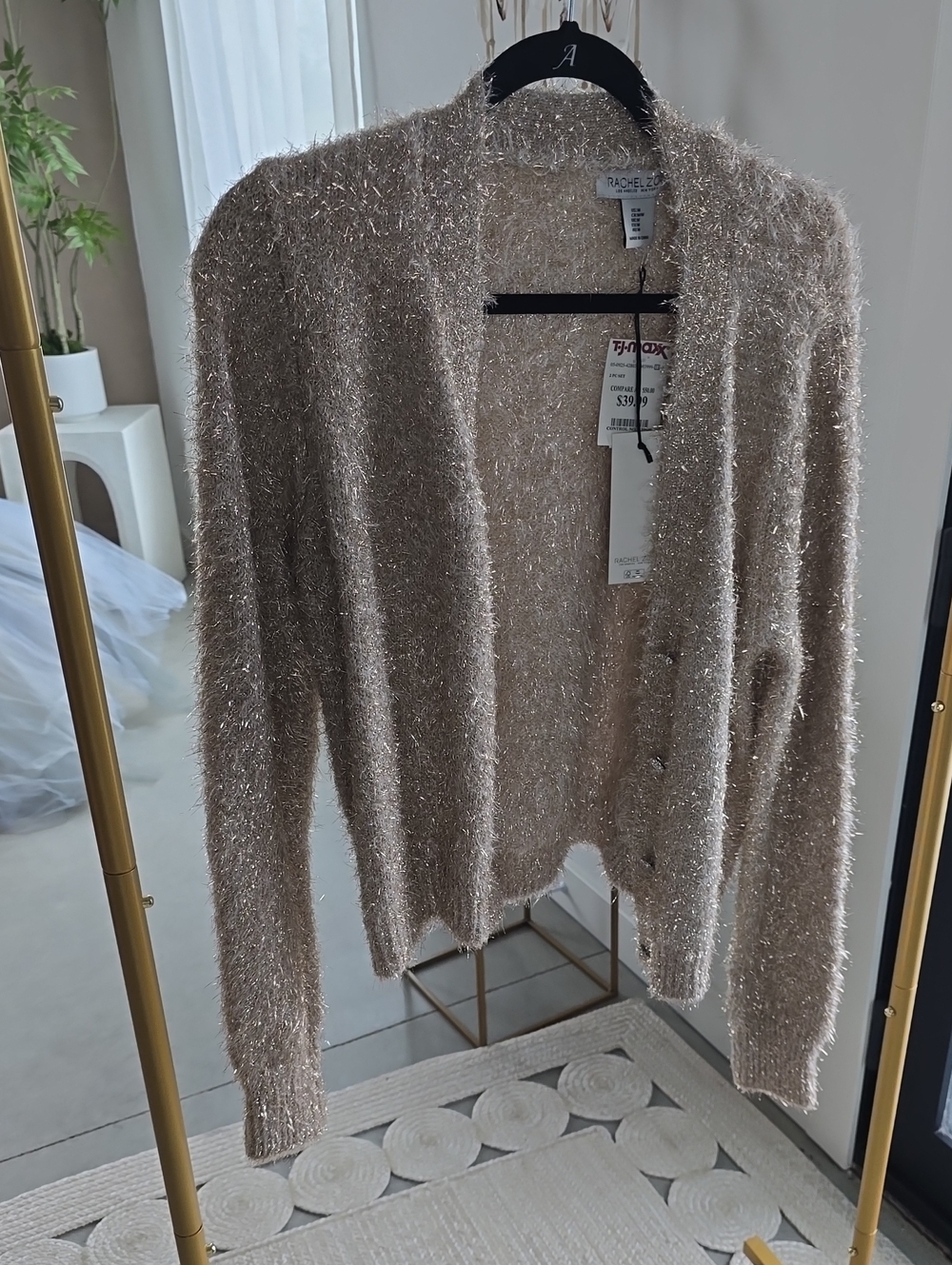 Rachel Zoe Champagne Metallic Eyelash Knit Cardigan - Shimmery Taupe